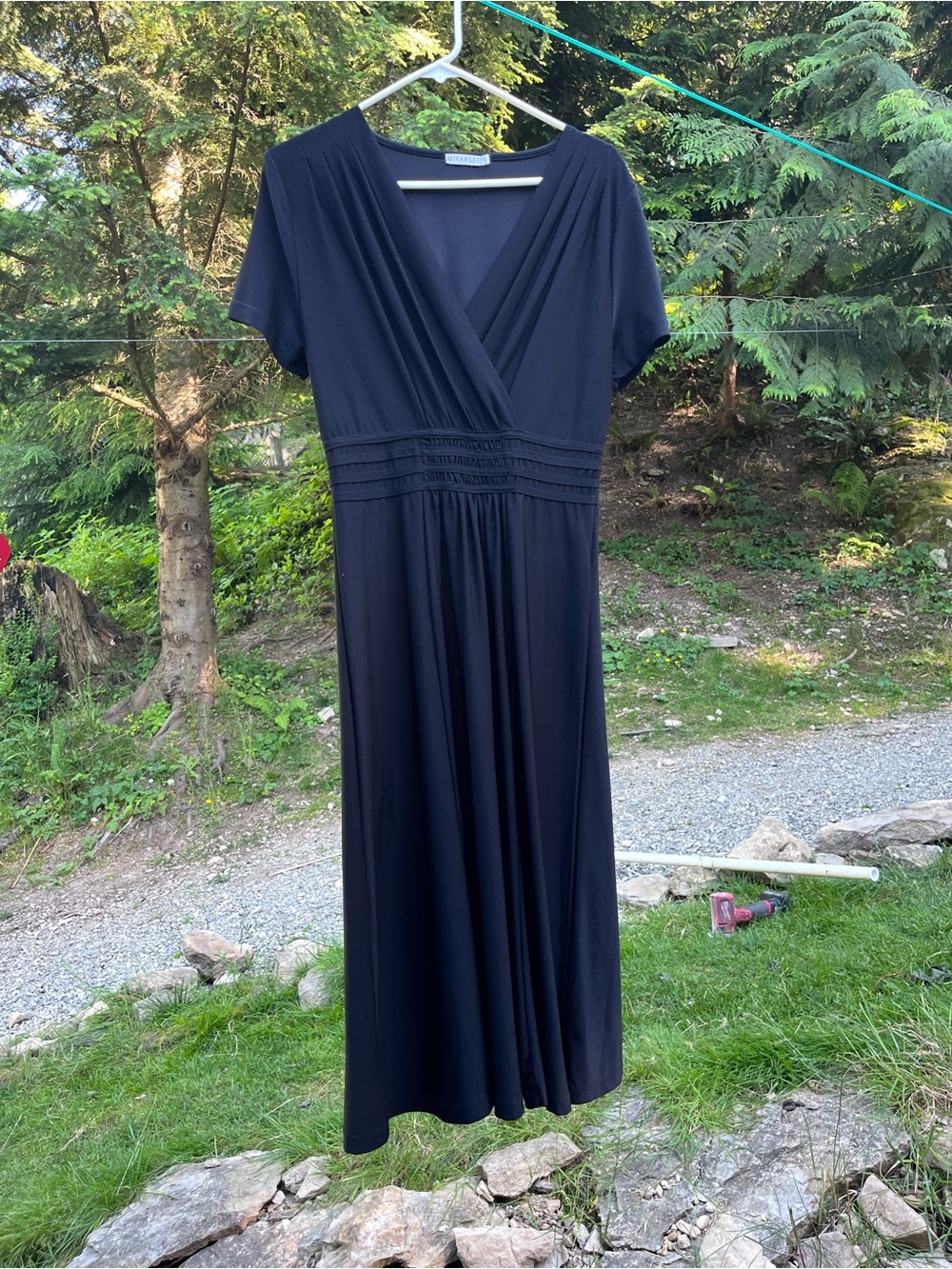 Mikarose Black Surplice Midi Dress with Smocked Waist